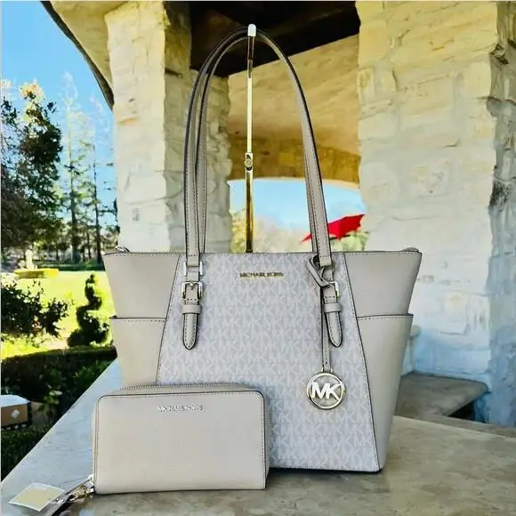 Michael Kors Charlotte MK Leather Tote Handbag Purse Bag Bundled Wallet Bisque