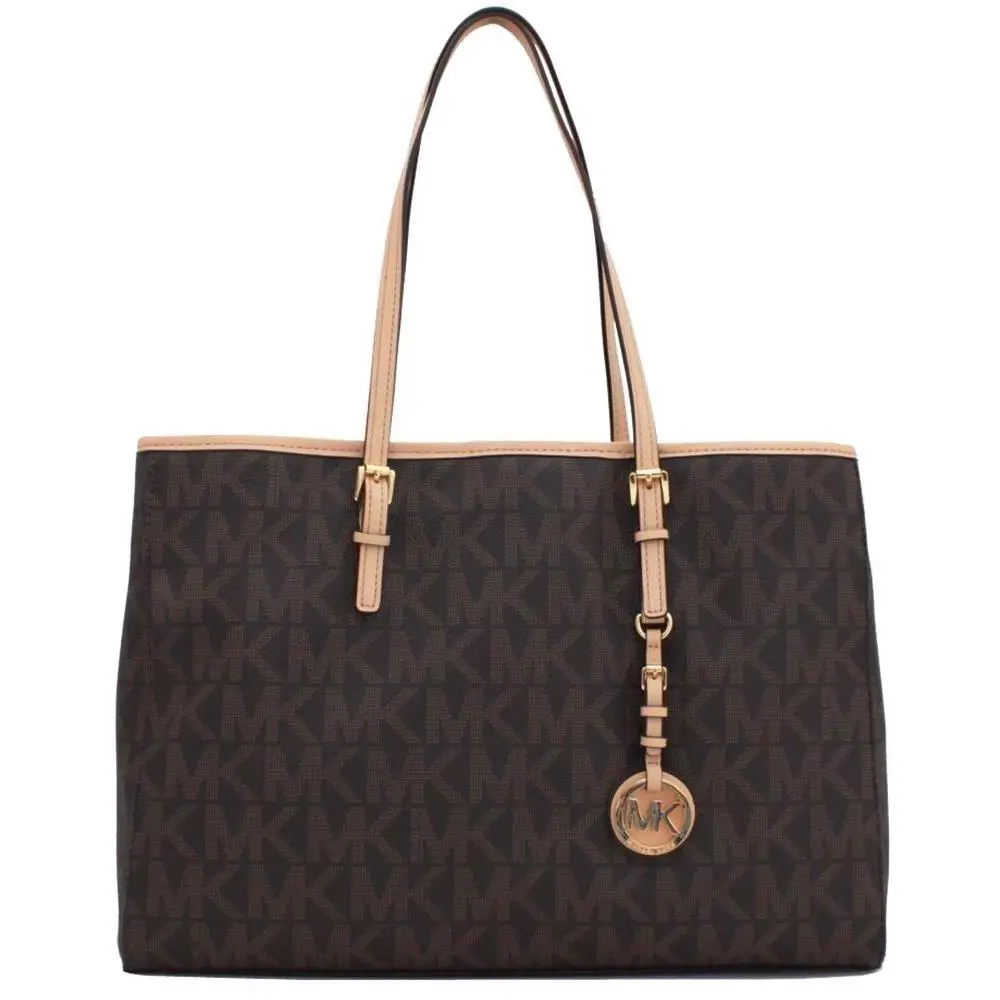 Michael Kors Jet Set Travel Gold Brown MK Sign Pvc Large EW Tote Shoulder Bag