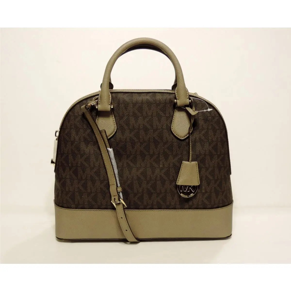 Michael Kors Smythe Large Dome Satchel Brown Dark Dune Mk Signature Pvc Bag