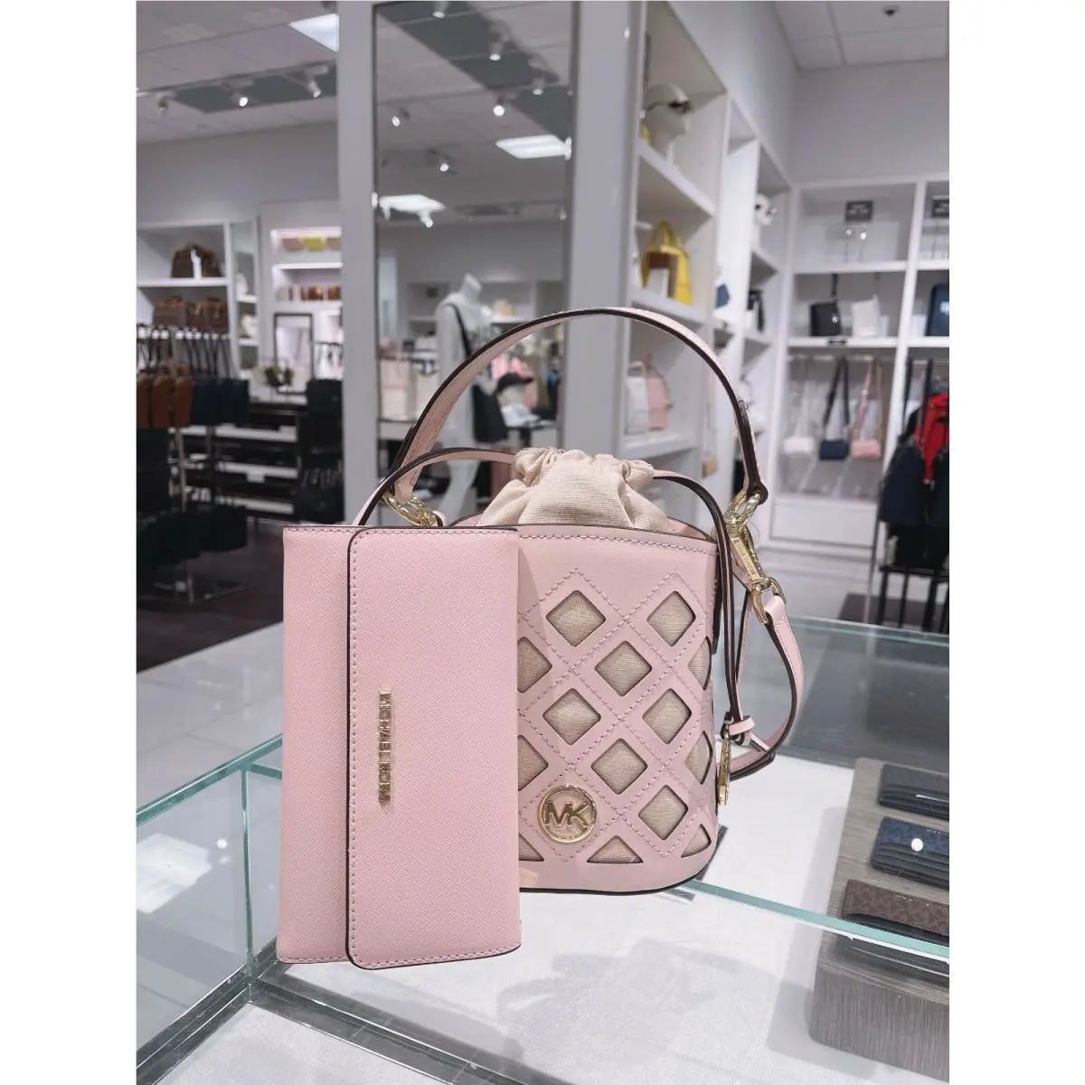 Michael Kors Aidy Small Bucket Leather Crossbody Bag + Trifold Wallet Pink