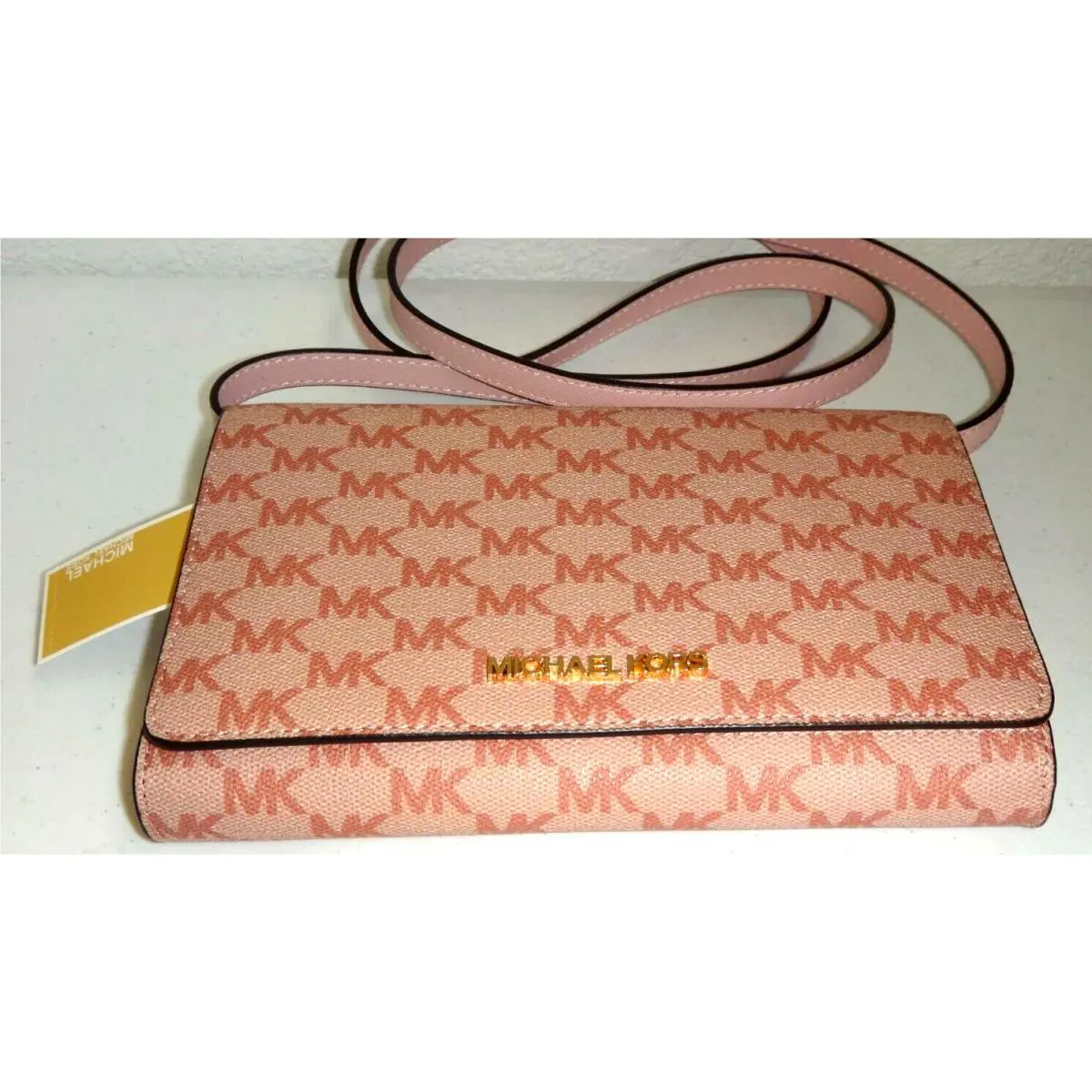 Michael Kors Blossom Pink MK Signature Convertible Cross-body Clutch Bag Wallet