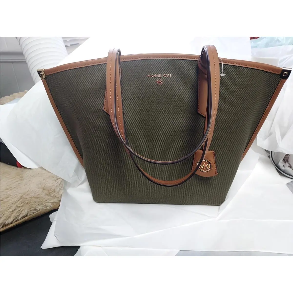 Michael Kors Jane Large Canvas Shopper Tote Handbag Olive Acron
