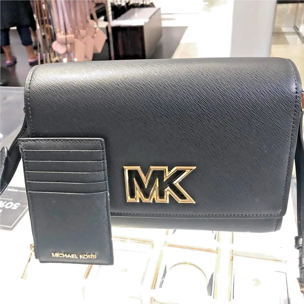 Michael Kors Mimi Medium Flap Pvc Leather Shoulder Handbag + Wallet - Black
