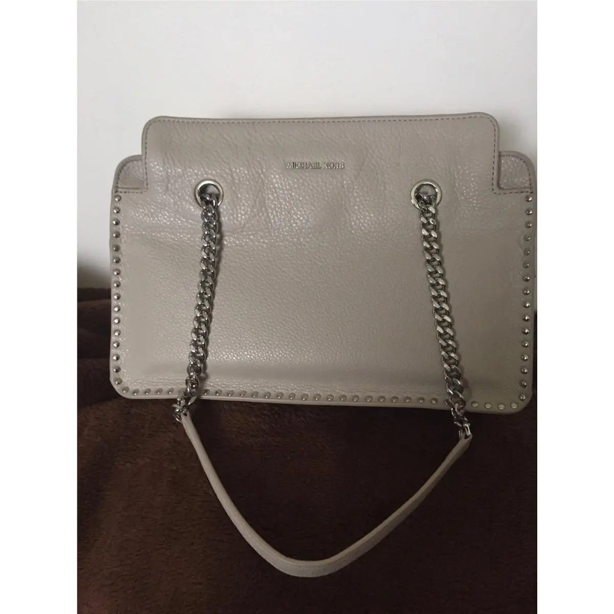 Michael Kors Astor Large Studded Leather Satchel Cement Silver