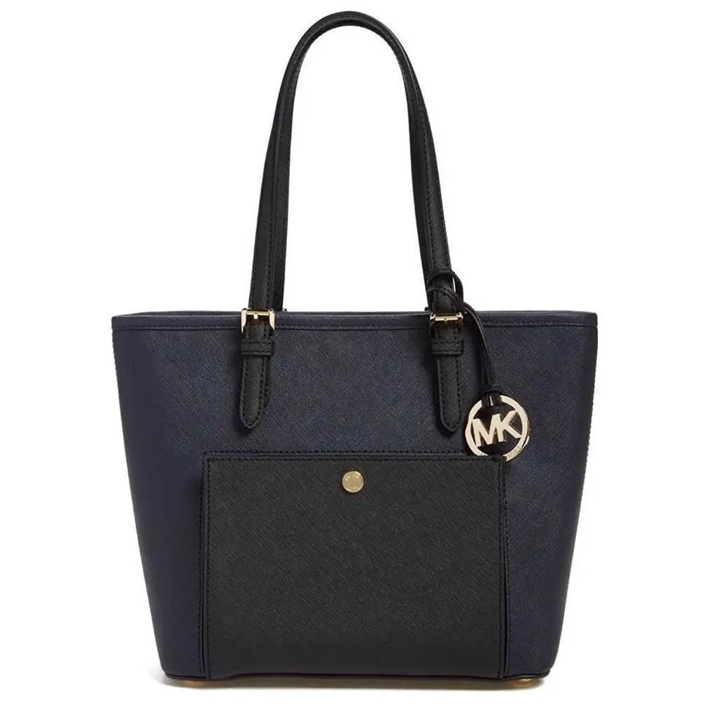 Michael Kors Admiral Black Leather Jet Set Snap Pocket Tote Purse
