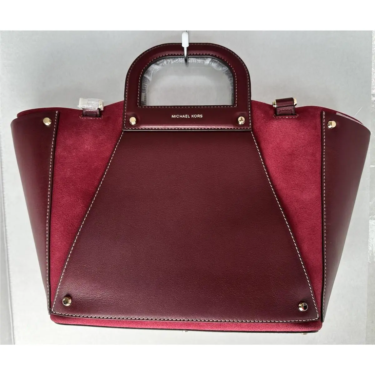 Michael Kors LG Convertible Clara Maroon Oxblood Gold Leather Handbag