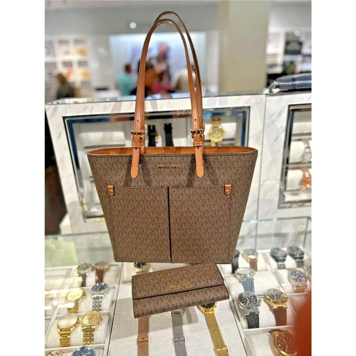 Michael Kors Jet Set Travel Medium Double Pocket Tote Bag+trifold Wallet Brown