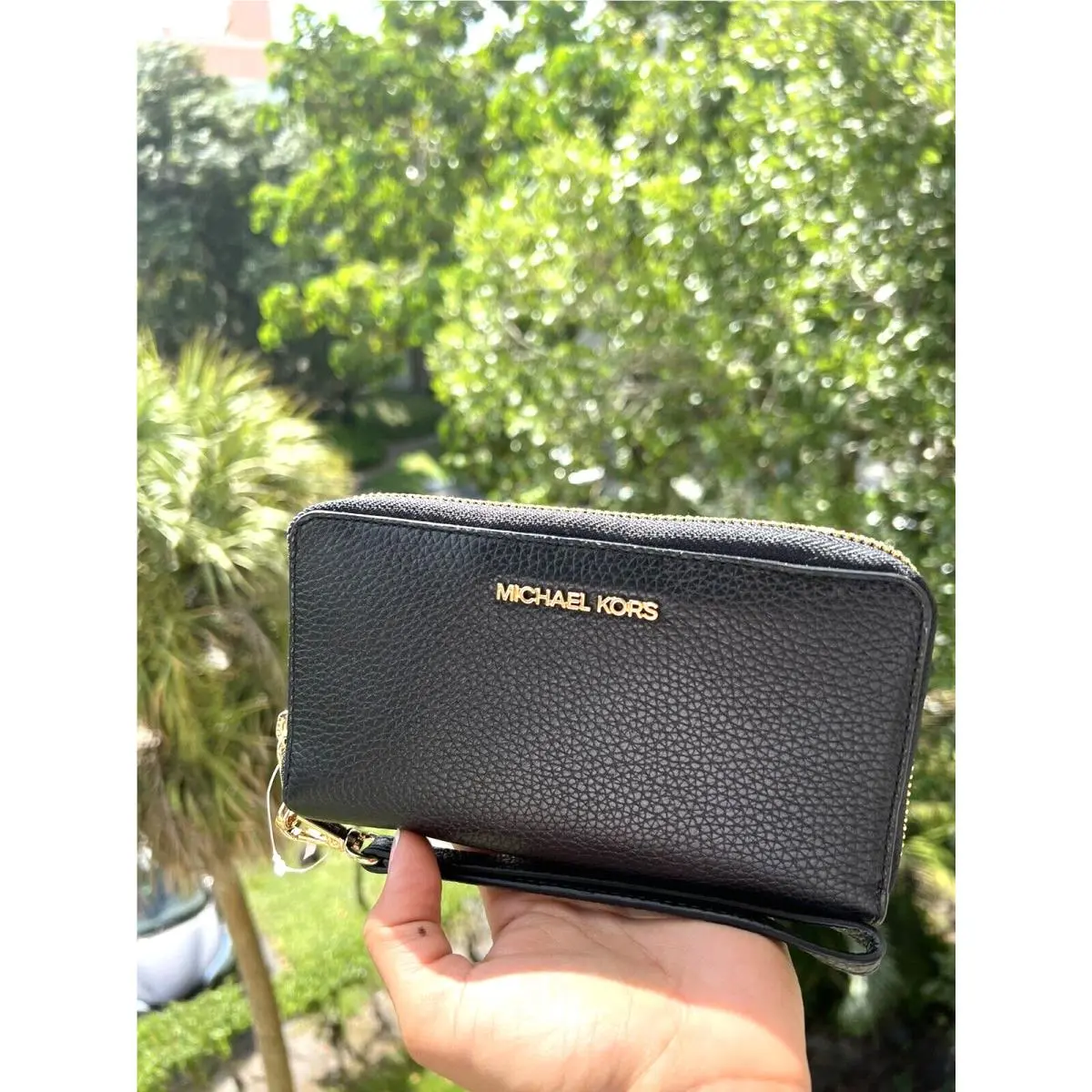 Michael Kors Women Lady Large Flat Zip Leather Phone Case Wristlet Wallet Black