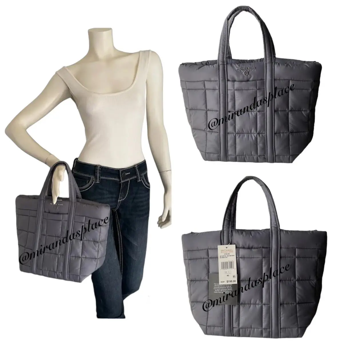 Michael Kors Stirling Small Grab Quilted Recycled Polyester Grey Tote Bag