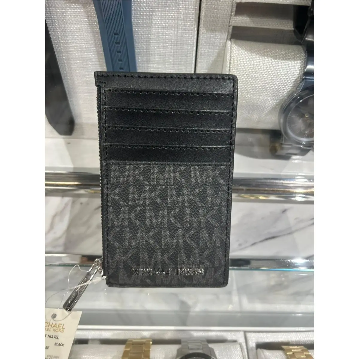 Michael Kors MK Signature Top Zip Card Case Coin Pouch Card Holder Wallet Black
