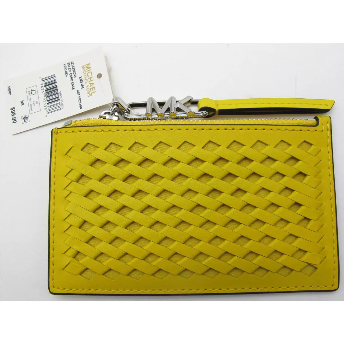 Michael Kors Empire Woven Leather Small Zip Card Case Bright Dandelion