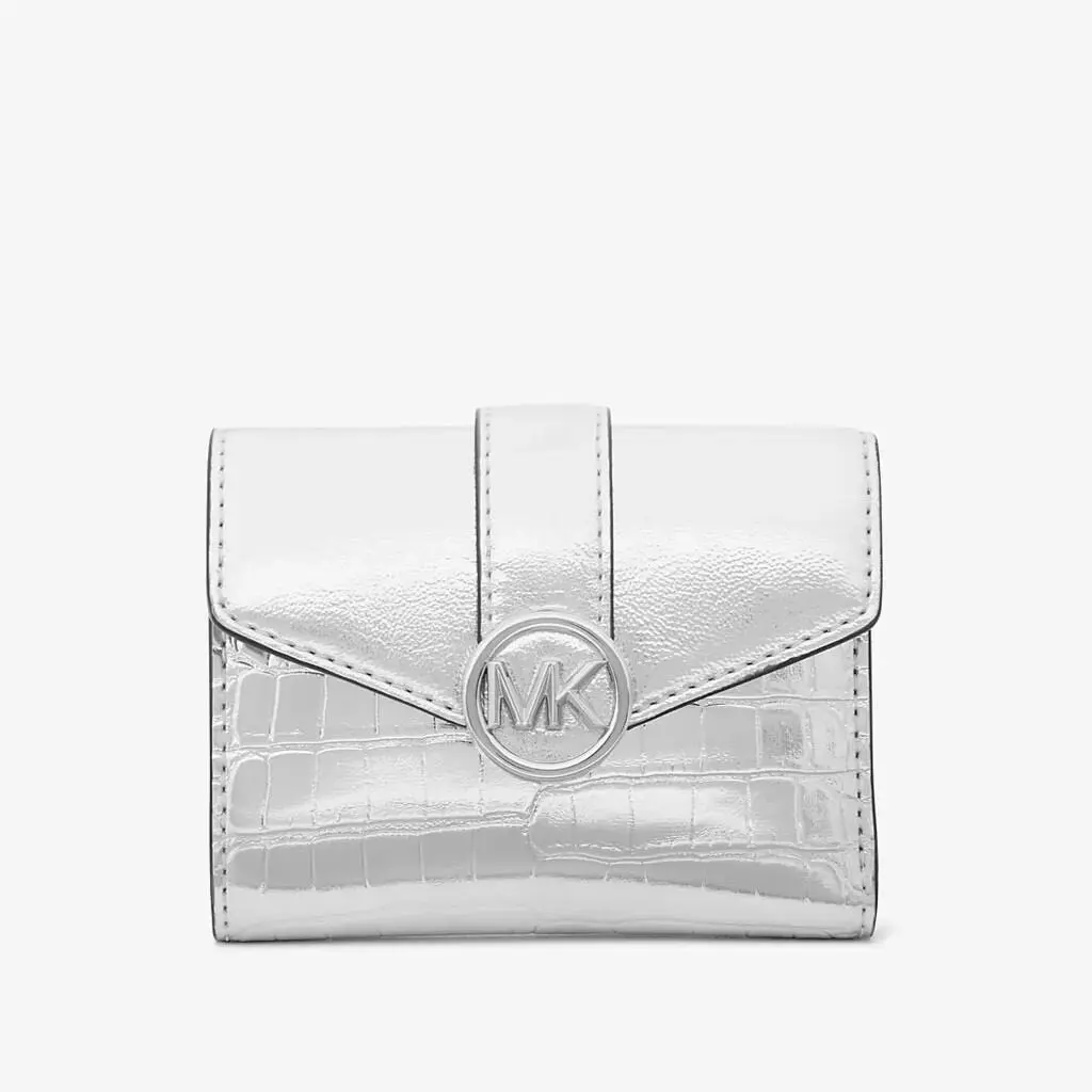 Michael Kors Carmen Medium Metallic Crocodile Embossed Tri-fold Envelope Wallet