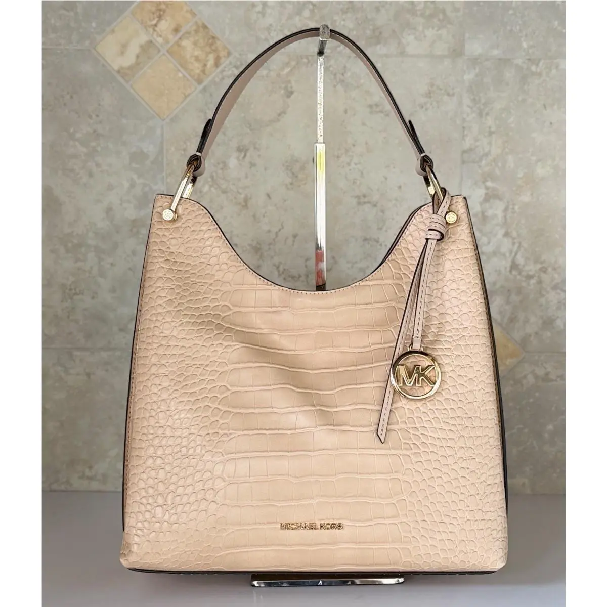 Joan Large Slouchy Shoulder Hobo Embossed Exotic Print Bag Buff by Michael Kors