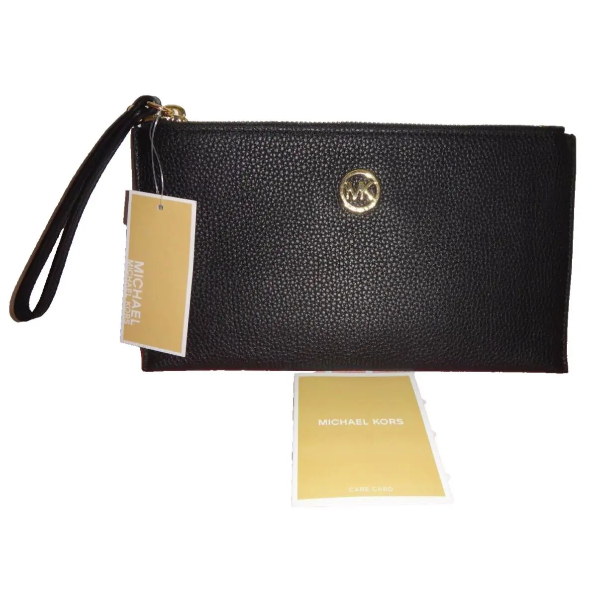 Michael Kors Women`s MK Fulton LG Zip Clutch Wrist-let Wallet Black Leather Gold