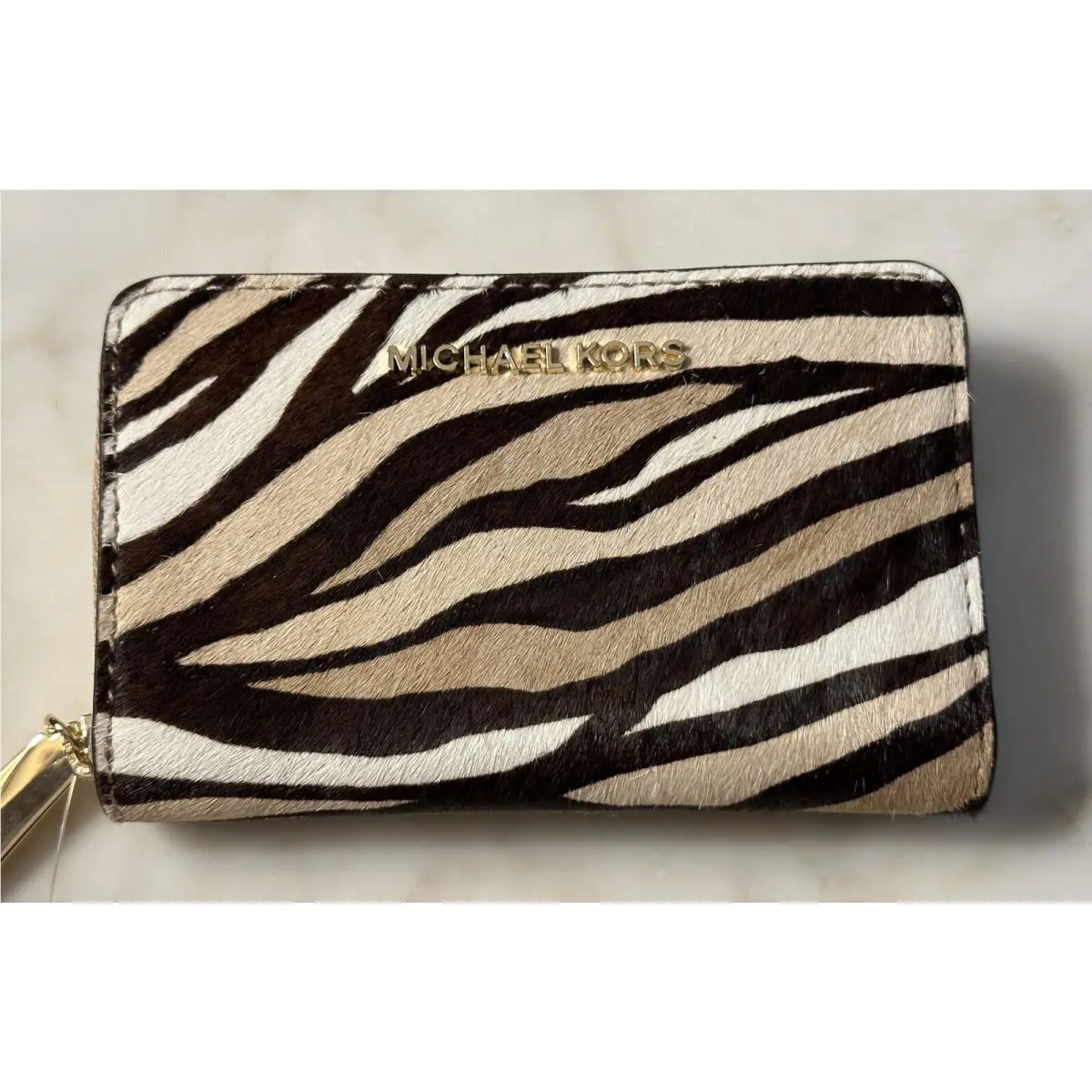 Michael Kors Jet Set Small Zebra Card Case Wallet 5”W x 3.25”H x .75”D /