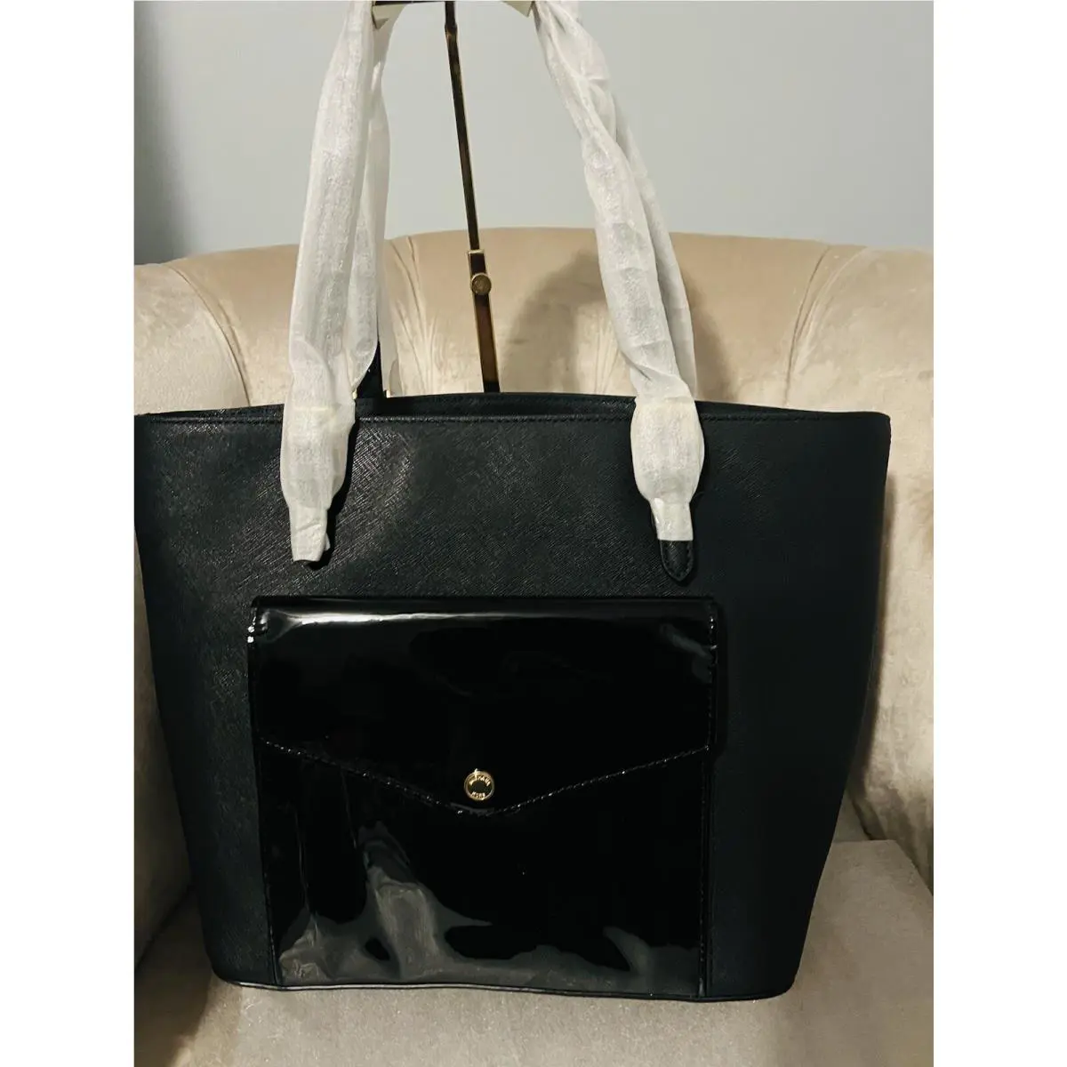 Michael Kors Jet Set Pocket Leather MF Large Tote Handbag Bag Black Gold