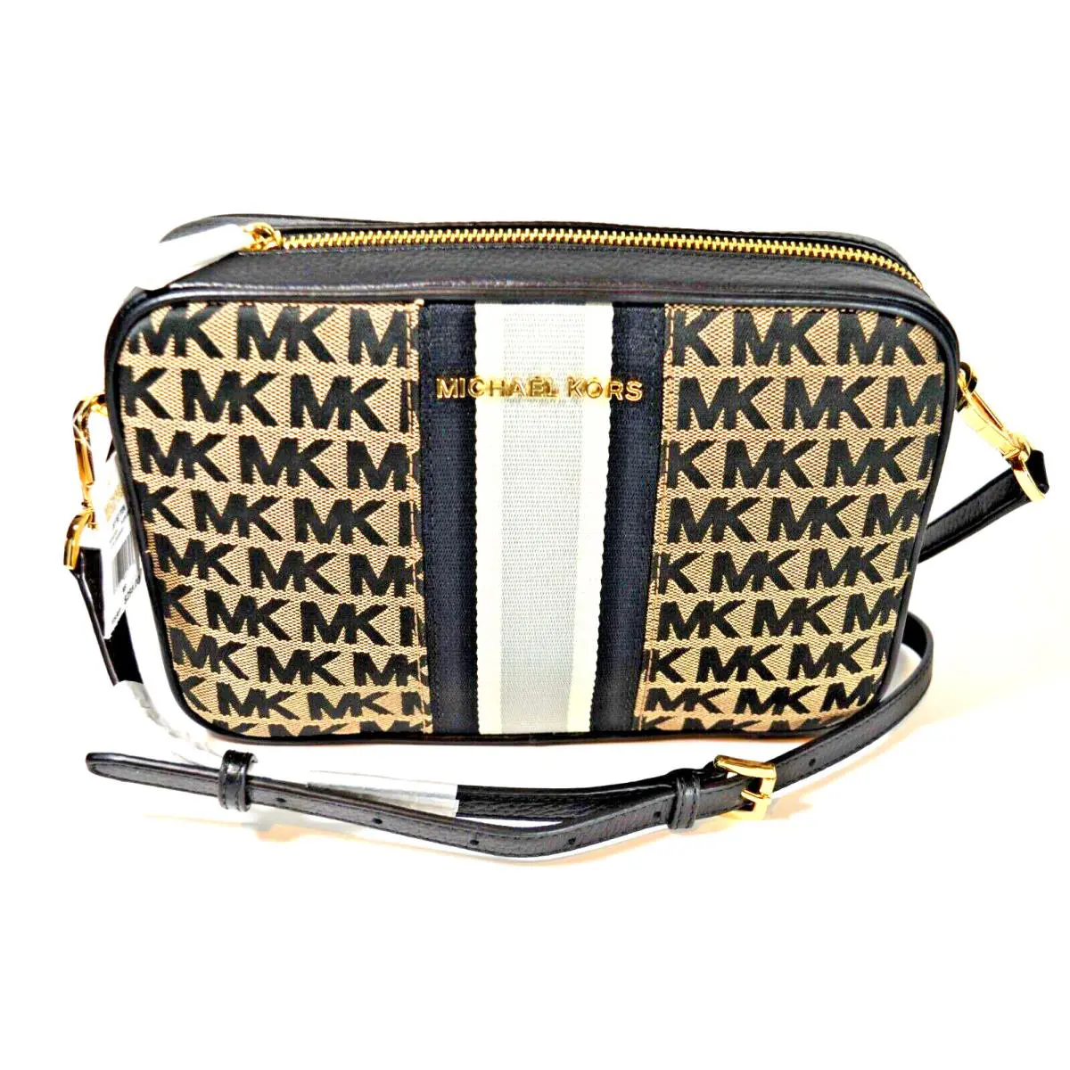 Michael Kors Jet Set Item Logo Stripe Signature EW Crossbody Bag Black