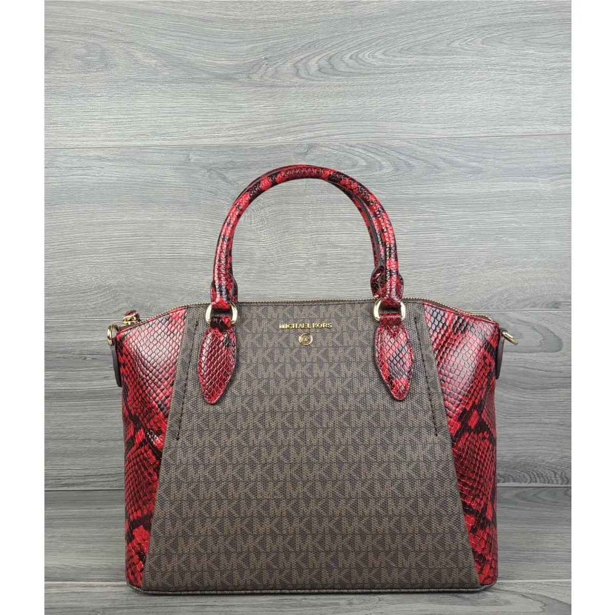 Michael Kors Satchel Medium Signature and Embossed Sienna Handbag Crimson Red