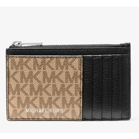 Michael Kors Cooper Leather and Logo Zip Card Wallet Black/camel