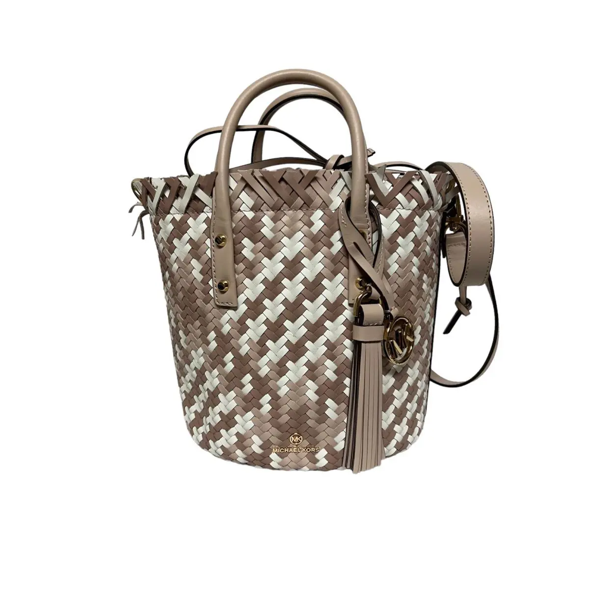 Michael Kors Marley Luggage White Woven Bucket Messenger Handbag