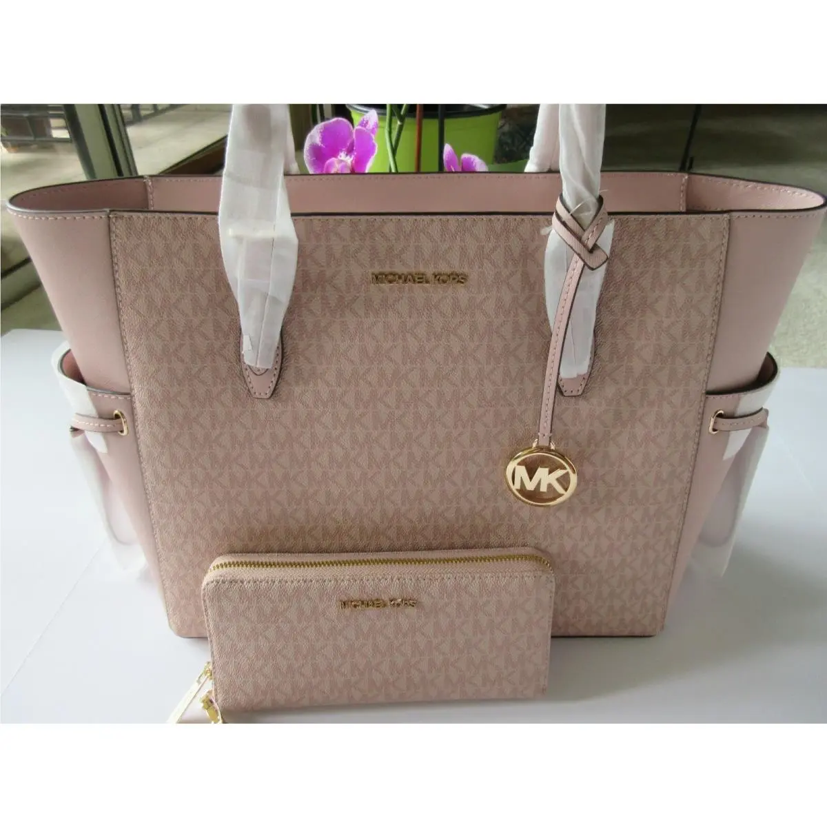 Gilly Extra Large Drawstring Travel Tote Pink with Matching Wallet by Michael Kors