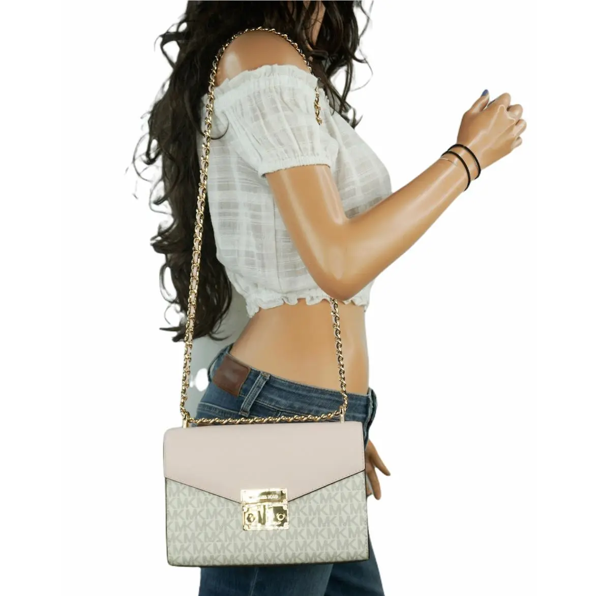 Michael Kors Rose Medium Flap Shoulder Crossbody Bag MK Vanilla/pink
