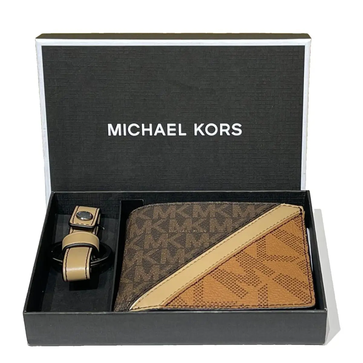 Michael Kors Mens Gifting Slim Bifold Wallet Key Fob MK Brown Multi