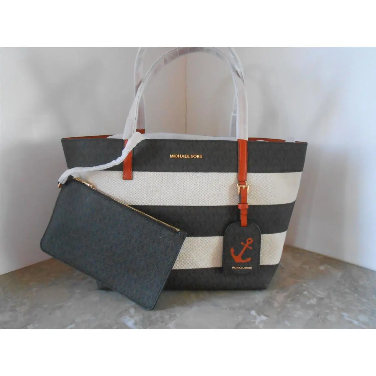 Illustrations Stripe Canvas Large EW Beach Tote Brown/orange by Michael Kors