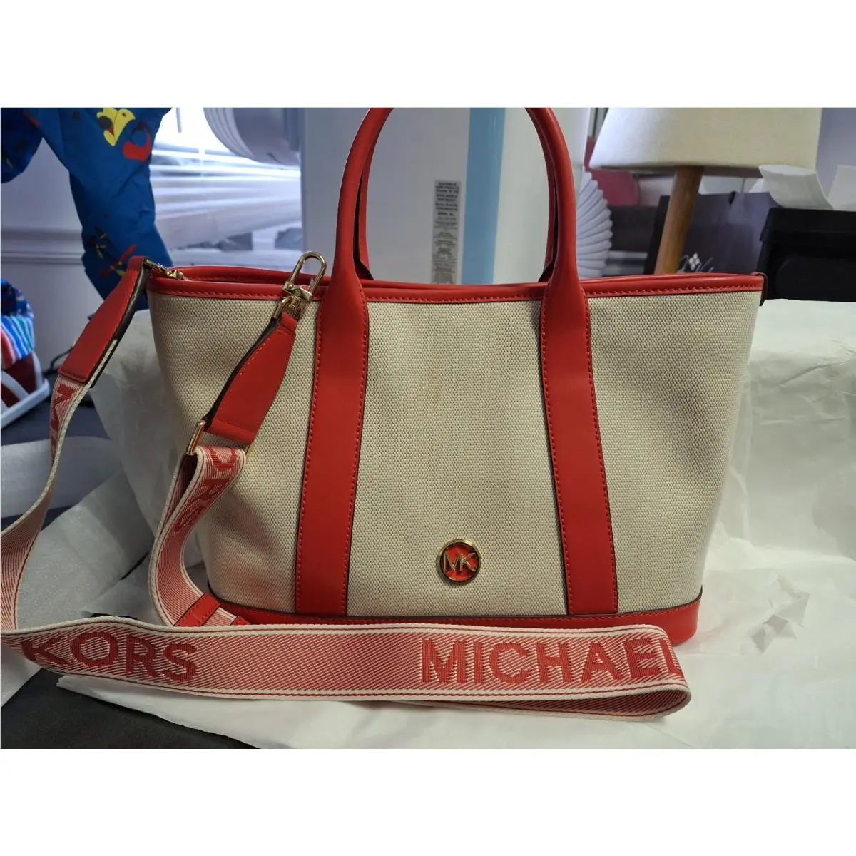 Michael Kors Luisa Medium Cotton Canvas Satchel Bag Spiced Coral Natural