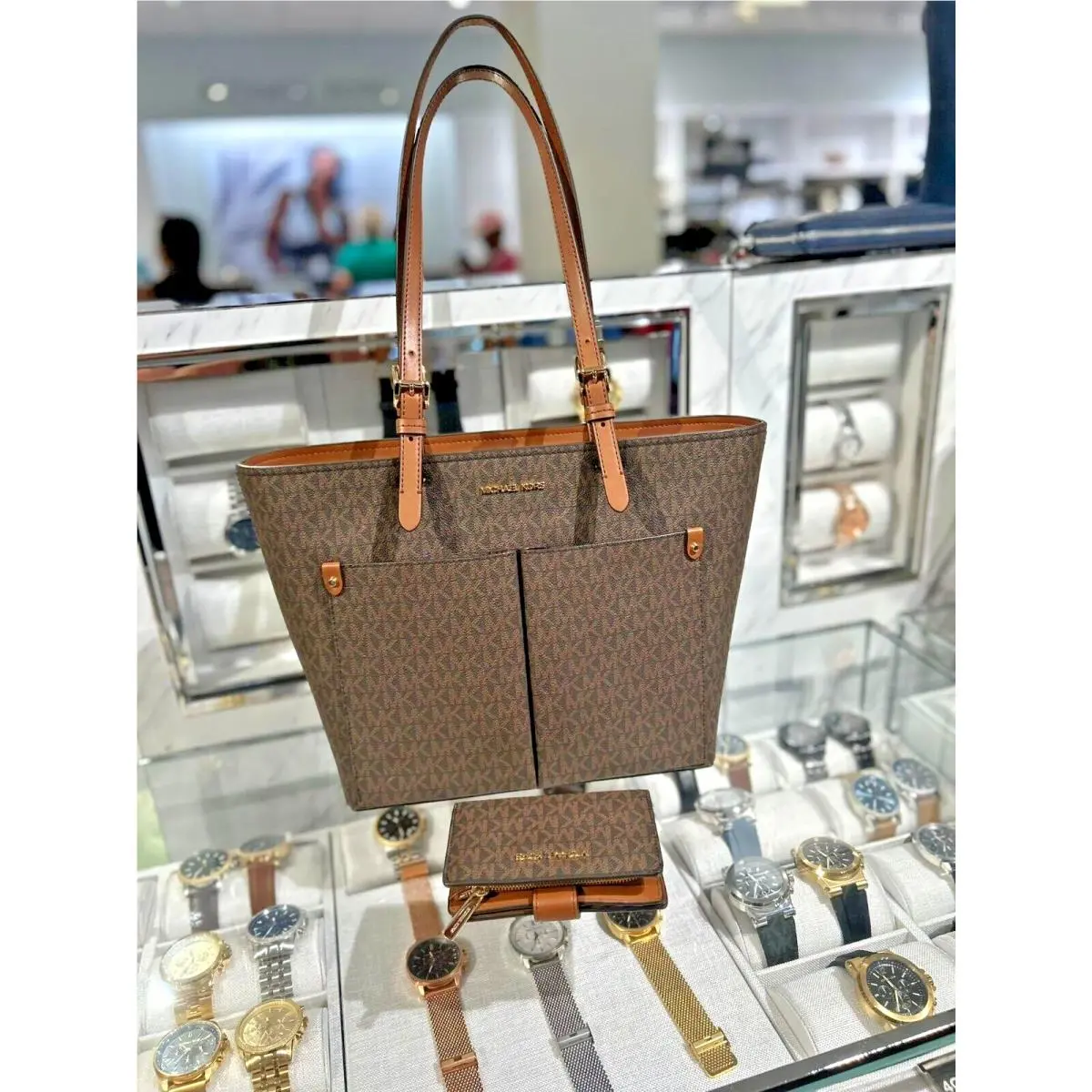 Travel Medium Double Pocket Tote Bag+bifold Zip Coin Wallet Brown by Michael Kors