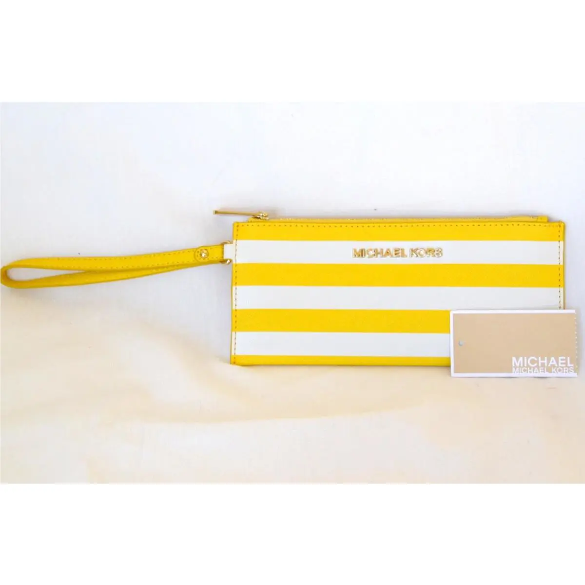 Michael Kors Jet Set Travel Yellow+white Stripe Leather Wristlet Clutch Wallet