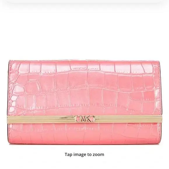 Michael Kors Mona Large East West Pink Camila Rose Croco Embossed Leather Clutch