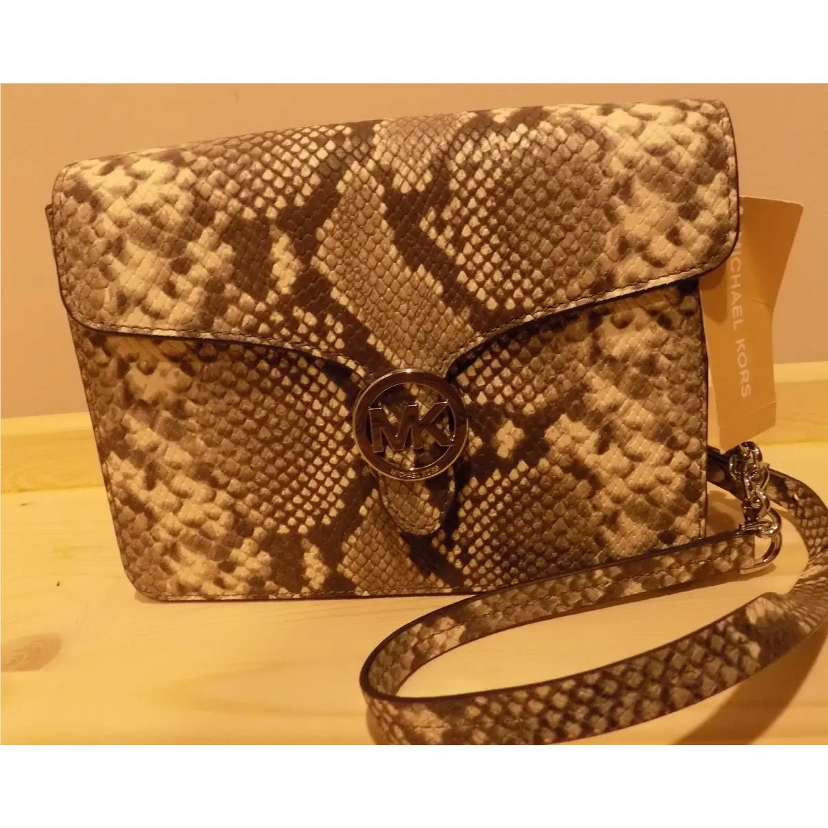 Michael Kors Vanna Medium Shoulder Flap Handbag Embossed Natural Leather