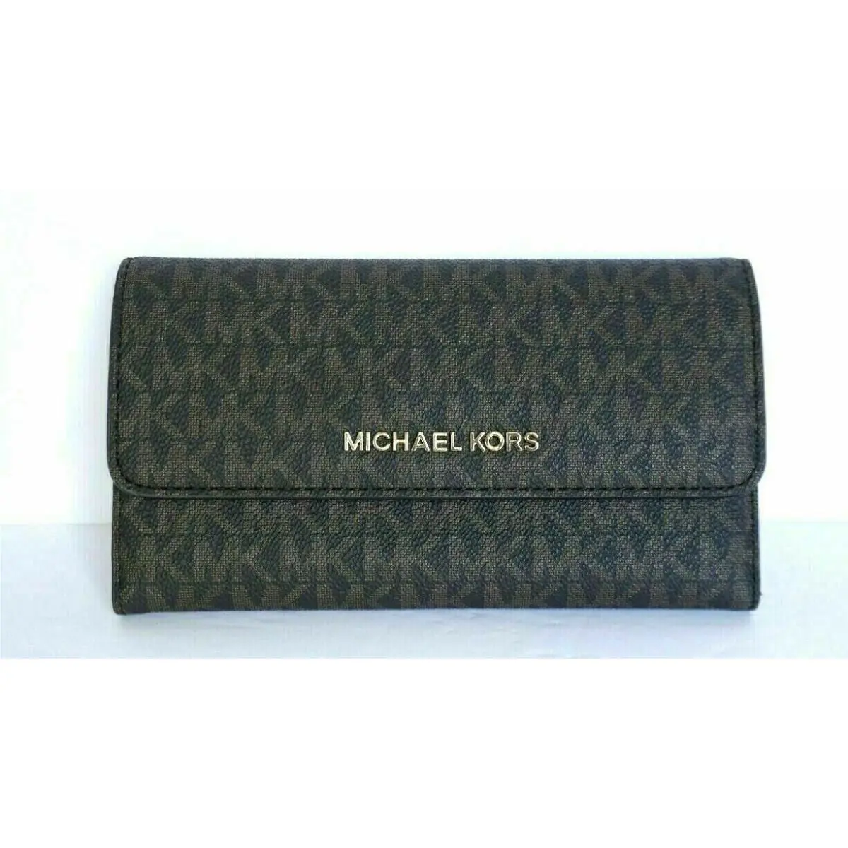 Michael Kors Jet Set Travel Large Trifold Leather/pvc Wallet Brown/signature