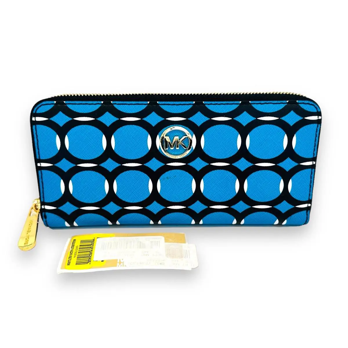 Michael Kors Jet Set Travel Deco Wallet Zip Around Geometric Black Blue Leather
