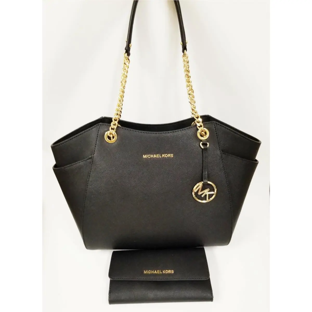 2 PC Set Black Leather+gold Chain Jet Set Travel TOTE+WALLET-$556 by Michael Kors