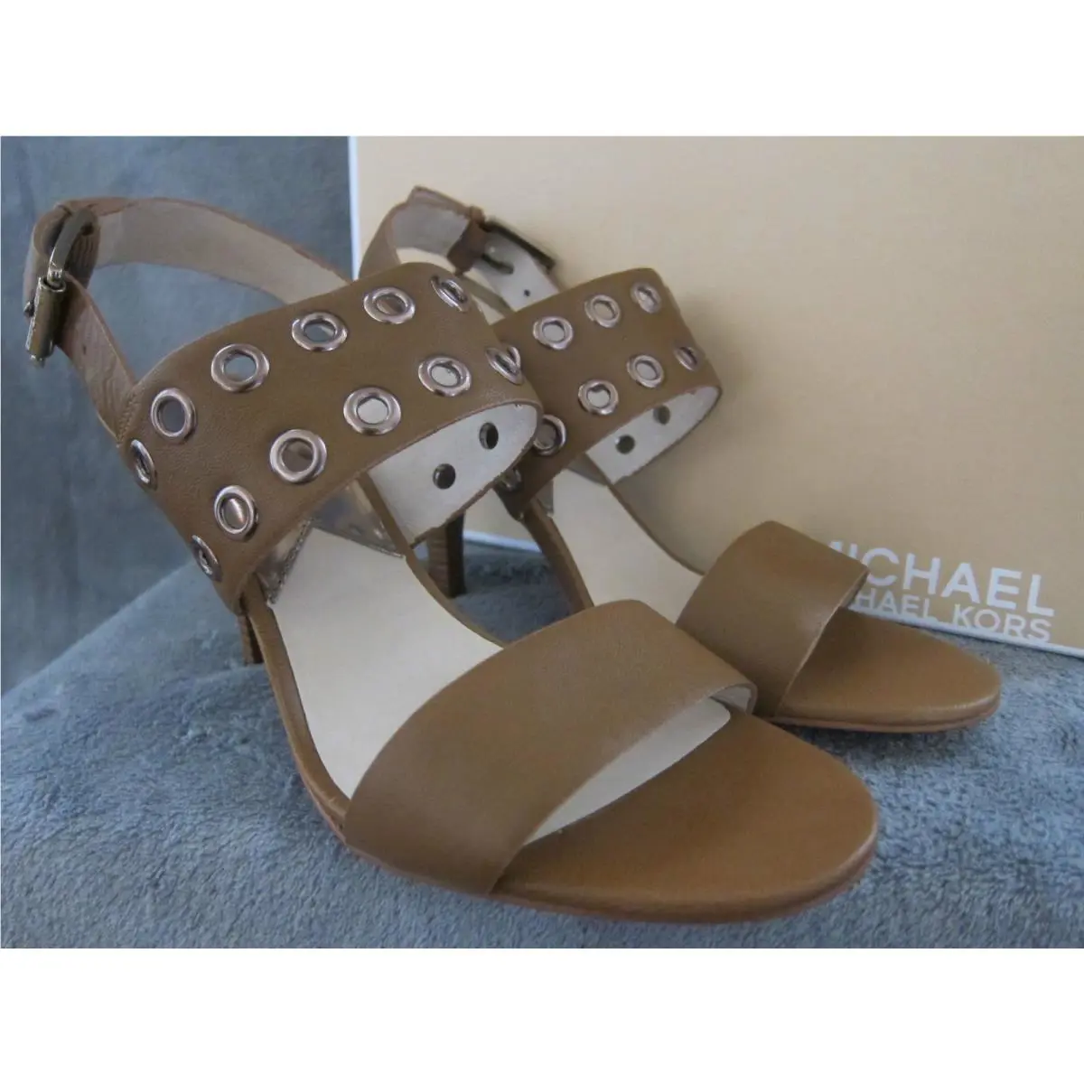 Michael Kors Grommet Mid Leather Luggage Open Toe Sandal Shoes Heels 9.5 M