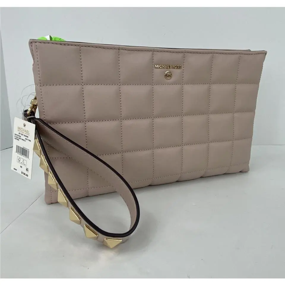 Michael Kors XL Wristlet Jet Set Charm Soft Pink Leather Double Gusset