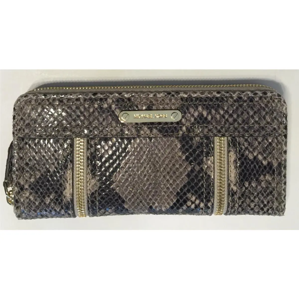 Michael Kors Moxley Dark Sand Python Leather+gold Zip Clutch Wallet