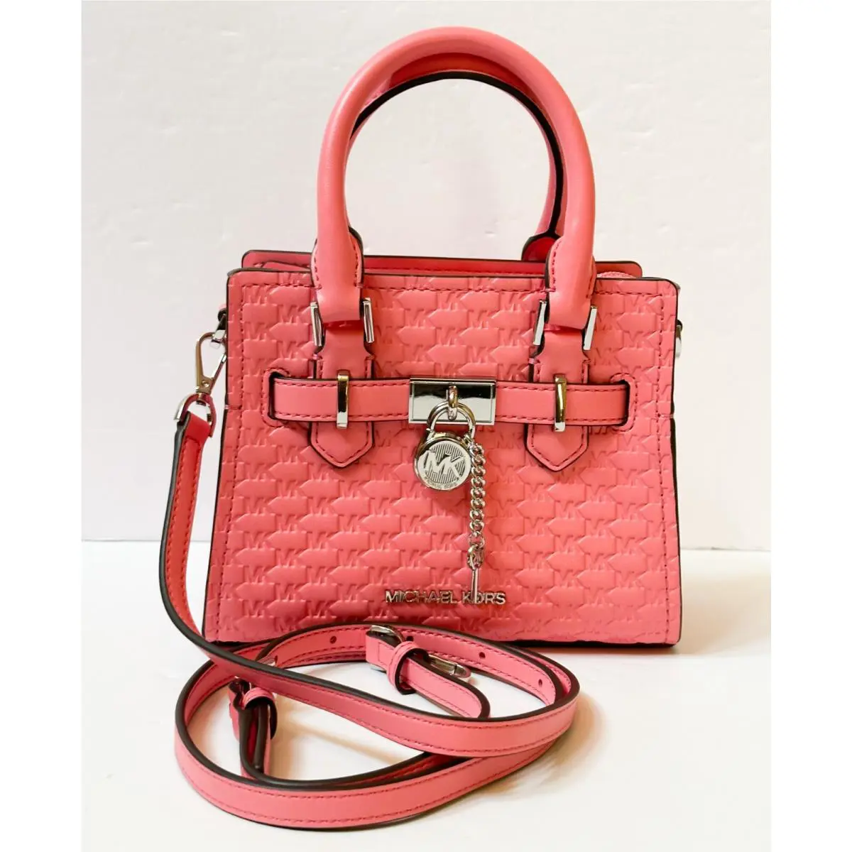 Michael Kors Hamilton Mini Shoulder Crossbody Bag Embossed MK Tea Rose