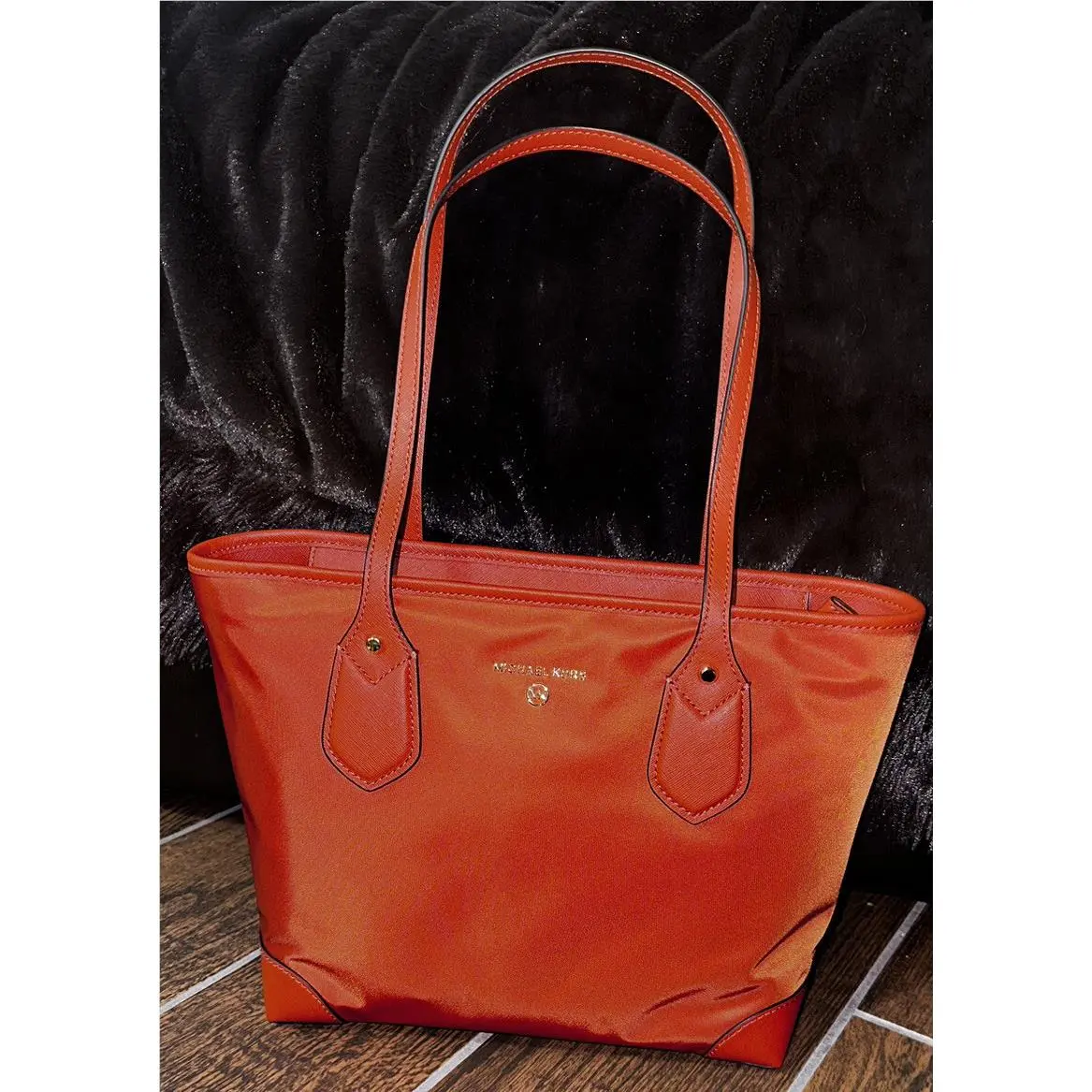 Kors Eva Deep Orange Small Nylon Leather Top Zip Tote Bag by Michael Kors