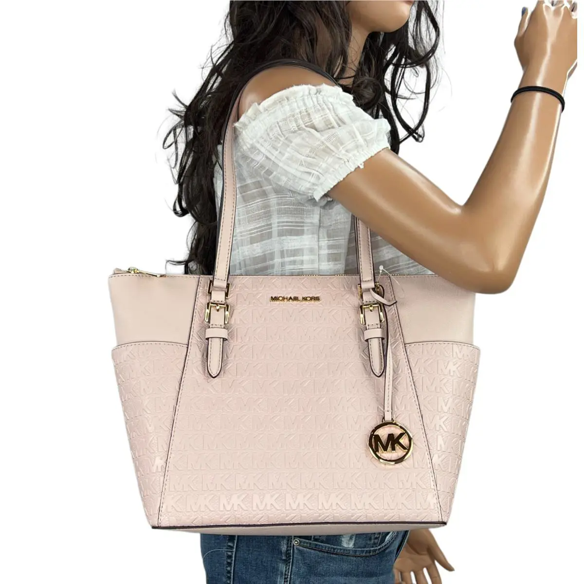 Michael Kors Charlotte Large Top Zip Shoulder Tote Bag MK Embossed Pink