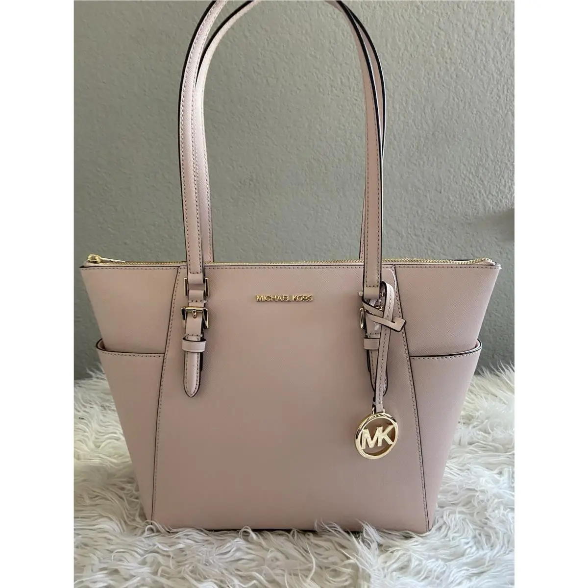 Charlotte Large Top Zip Shoulder Tote Bag MK Embossed Pink by Michael Kors