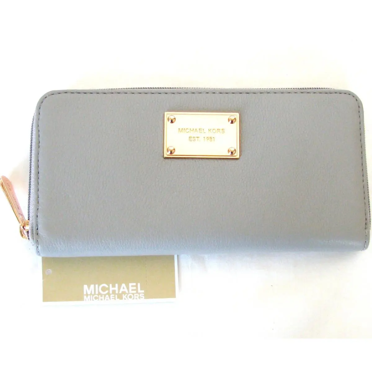 Michael Kors Item Pearl Grey Gray Leather+light Rose Gold Tone Wallet Clutch