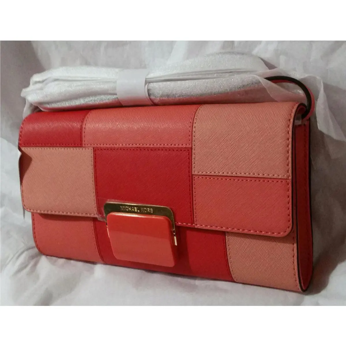 Michael Kors Cynthia Large Clutch Leather Bag Purse Pink Grapefruit