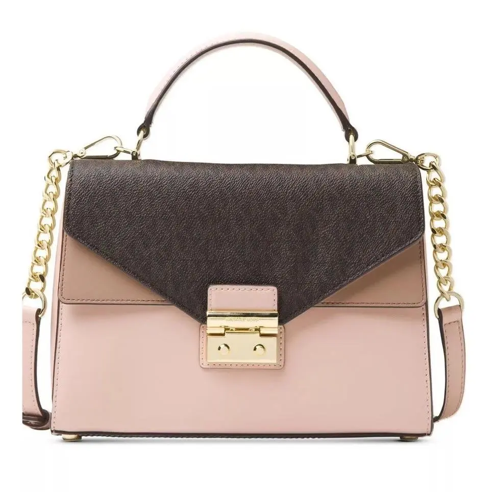 Michael Kors Sloan Medium Top Handle Satchel Bag Gold Mix Leather Soft Pink