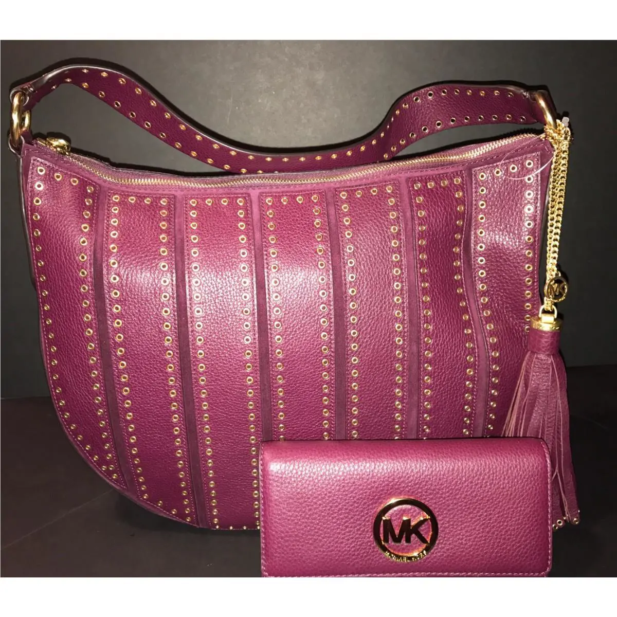 Michael Kors Brooklyn Grommet Large Leather Feed Bag Plum Fulton Wallet