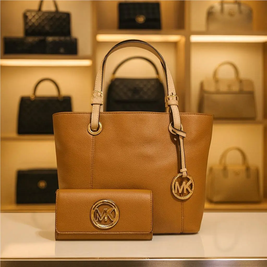 Michael Kors Jet Set Tan Pebbled Leather Tote Bag + Fulton Wallet Set