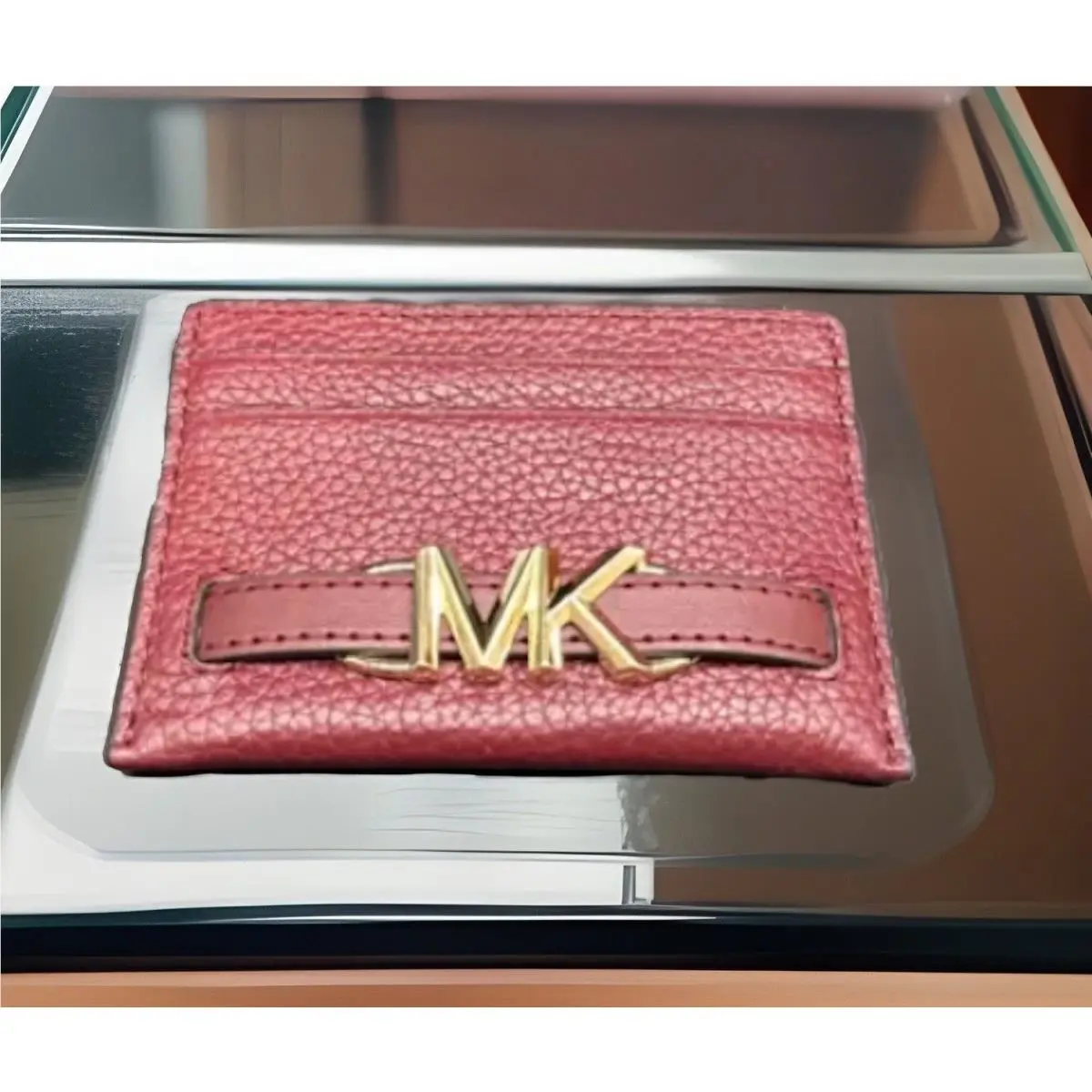 Large Pebbled Leather Card Case Holder in Dark Cherry by Michael Kors