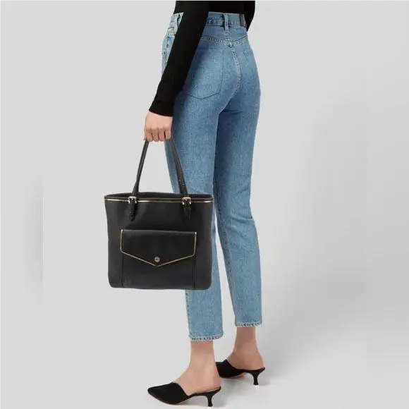 Michael Kors Front Pocket Black Saffiano Leather Gold Edge Medium Tote Bag